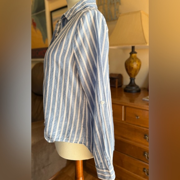 Lola River Tencel Linen Women’s Button Tie Front Collared Pockets Striped Shirt - Picture 3 of 11